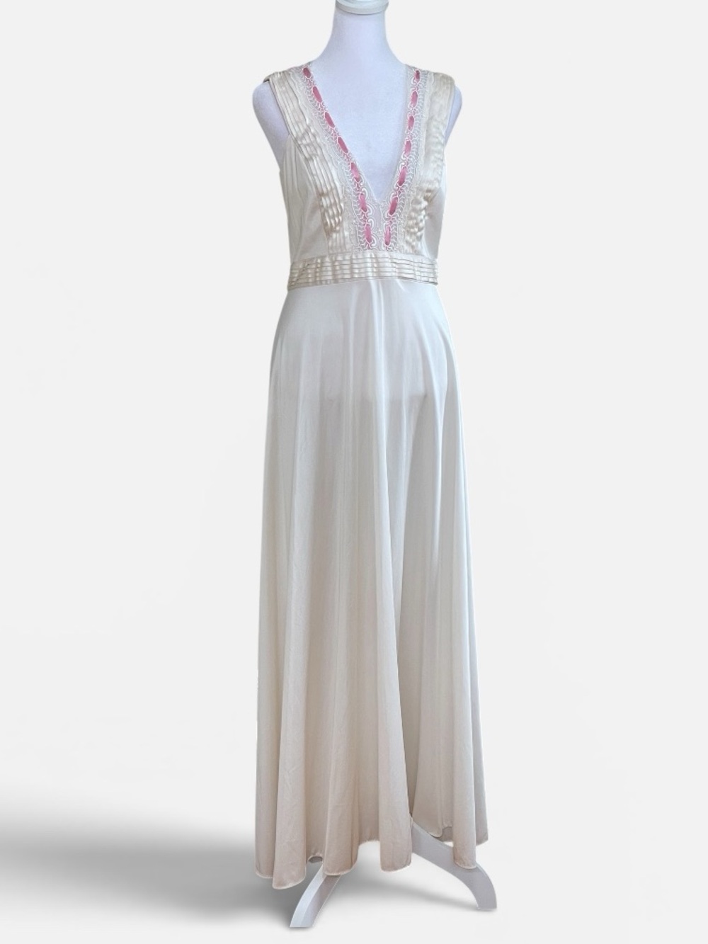 Lily of France Ivory Vintage Long Nightgown Sz S Lace Pink Ribbon Sleeveless